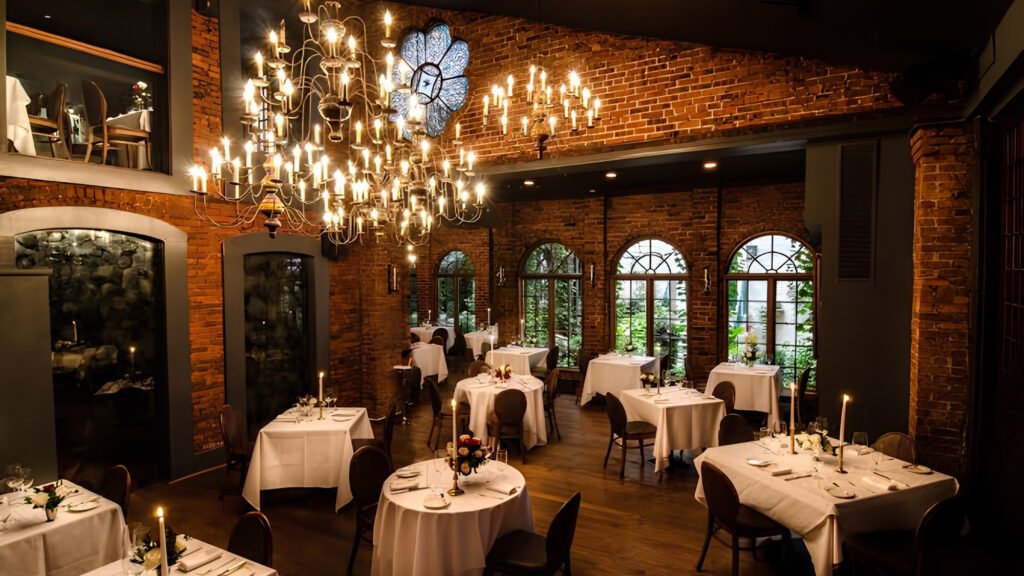 Candlelit interior with a grand piano and brick fireplace inside One if by Land, Two if by Sea.