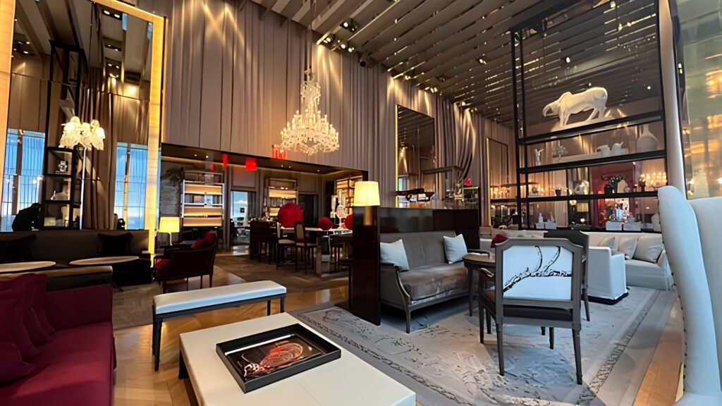 Opulent dining salon adorned with Baccarat crystal chandeliers and plush red silk seating.