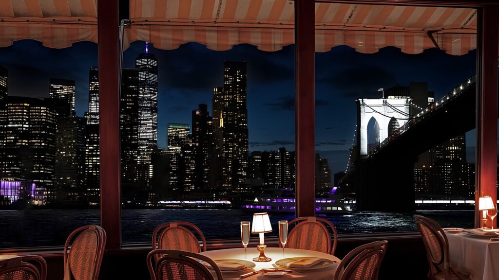 Dining room at The River Cafe overlooking the East River and Manhattan skyline.