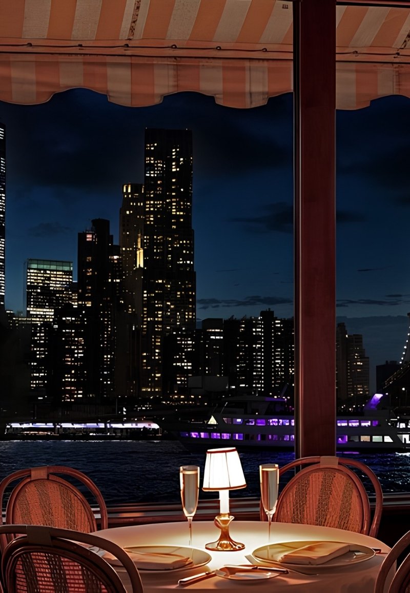 Elegant waterfront table setting at The River Cafe with panoramic views of the illuminated Manhattan skyline.