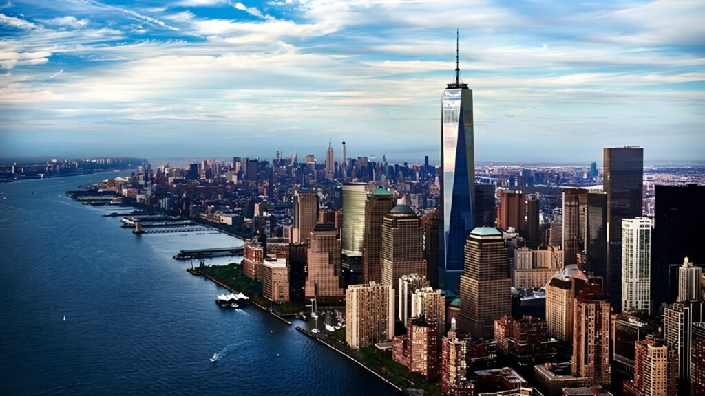 Aerial view of the 9/11 Memorial reflecting pool next to the One World Trade Center skyscraper.