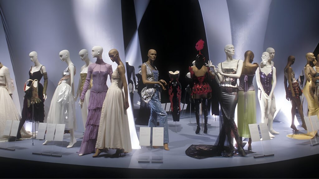 Designer fashion garments and historical textiles exhibited at the Museum at the Fashion Institute of Technology.