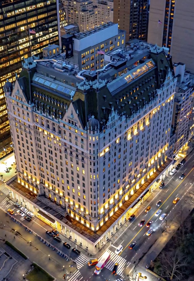 Grand exterior facade and entrance of The Plaza hotel on Fifth Avenue in New York City.