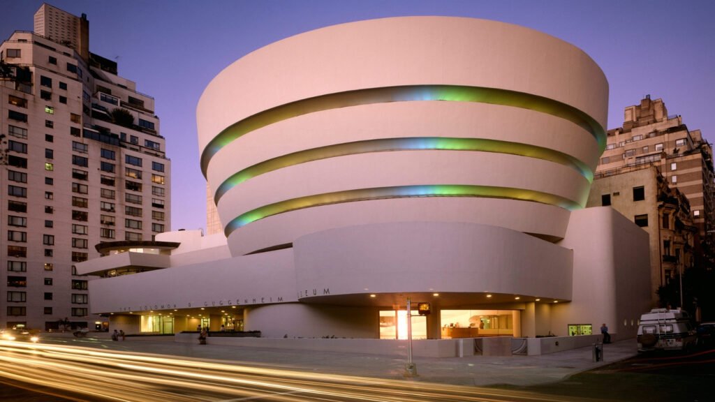Distinctive white spiral ramp architecture inside the Frank Lloyd Wright-designed Solomon R. Guggenheim Museum.