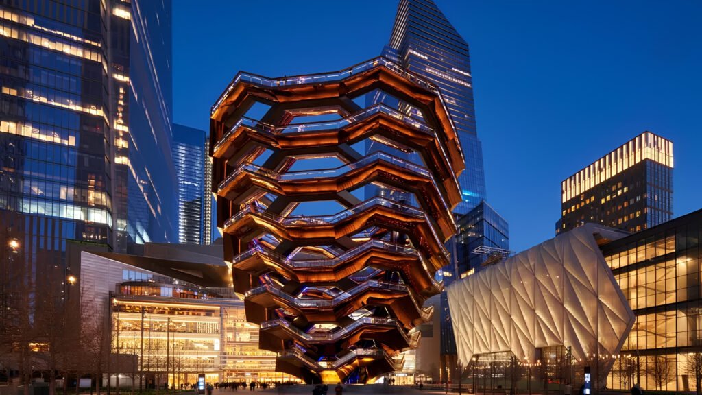 The Vessel honeycomb structure with interconnected staircases at Hudson Yards in NYC.