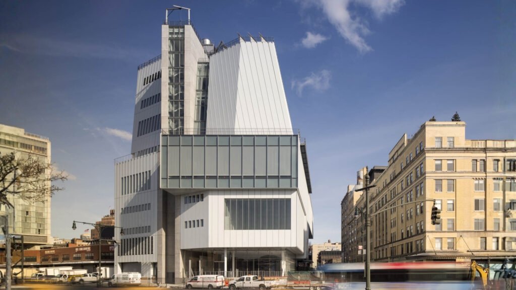 Modern glass architecture of the Whitney Museum of American Art in the Meatpacking District.